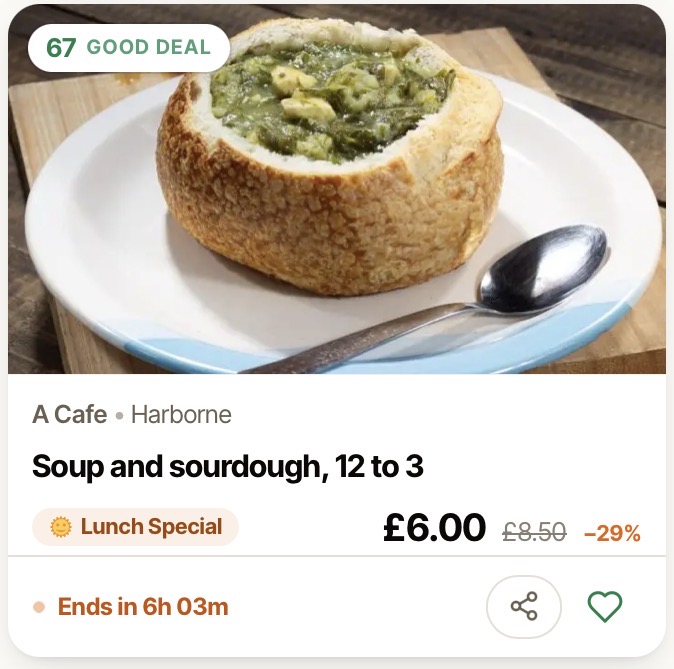 Example post from a cafe: soup and sourdough, with a price